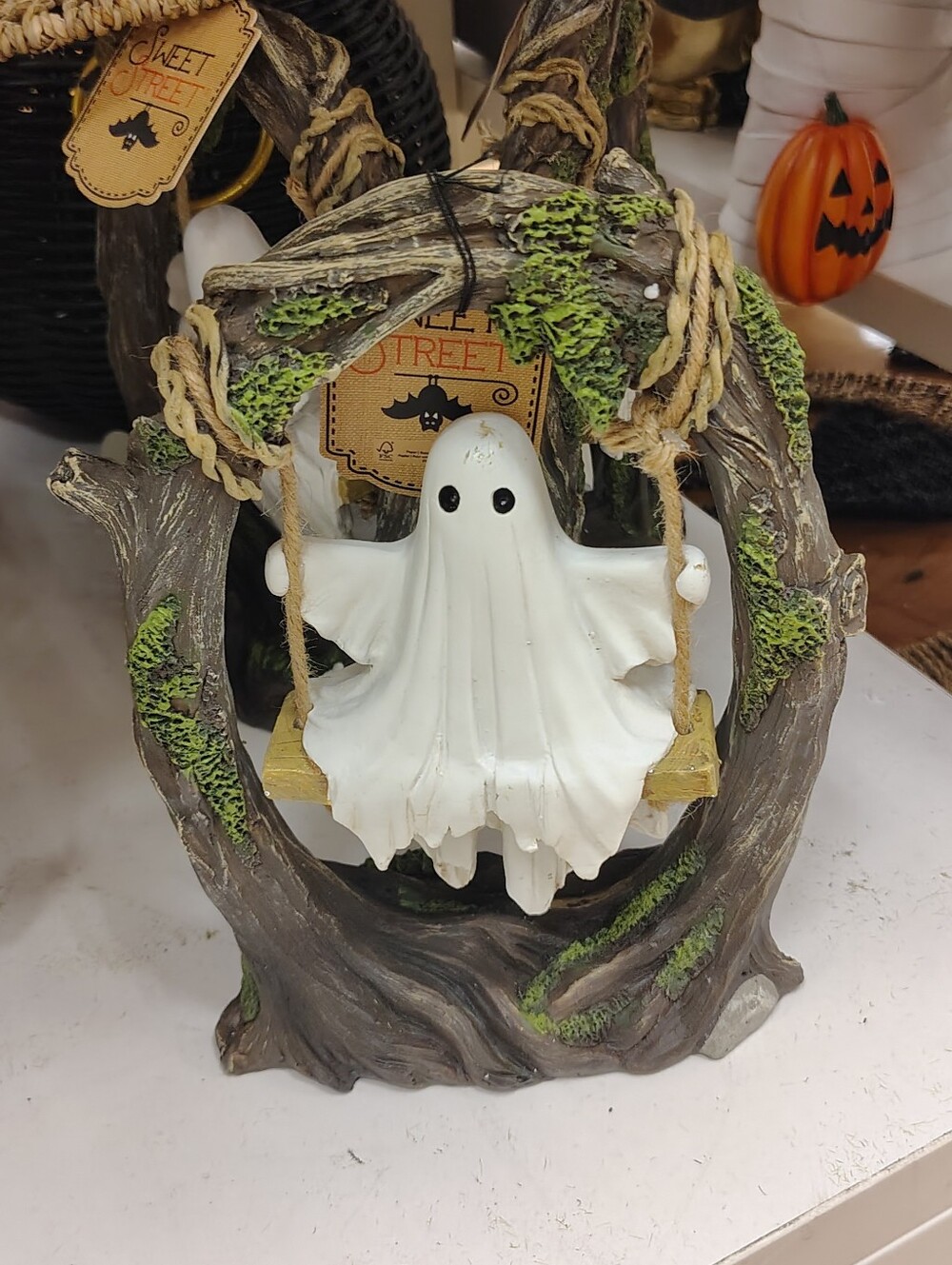 SWEET STREET Ghost on Tree Swing Halloween Tabletop Decoration